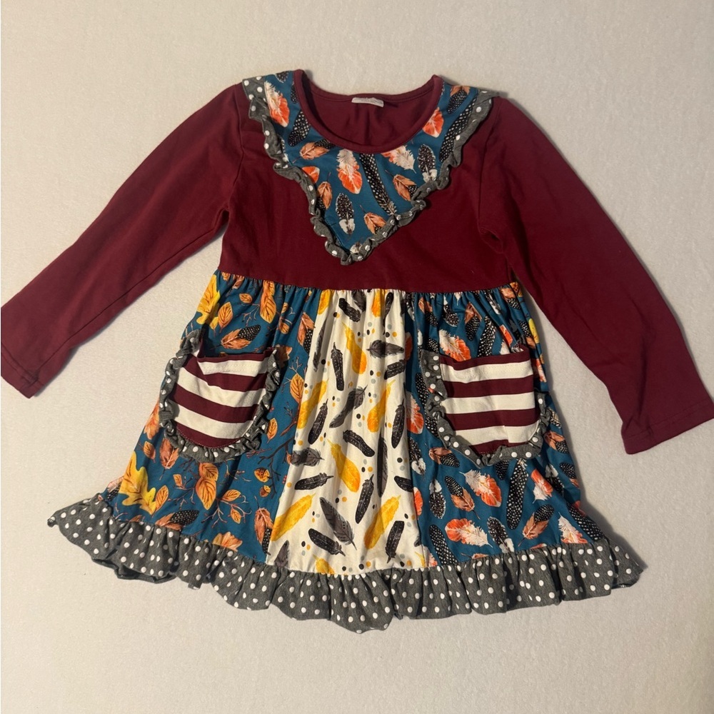Colorful Kids Dress with Feather Print